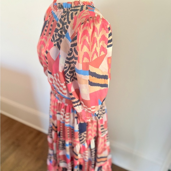 TCEC Women's Cinnamon Red & Navy Abstract Print Smocked Dress Large - Picture 2 of 8